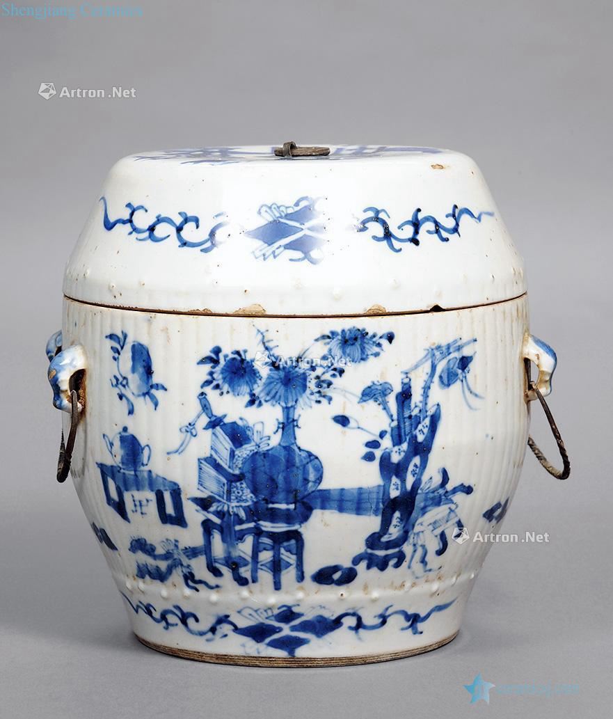 Qing dynasty blue-and-white omen figure first of quaternary cover tank