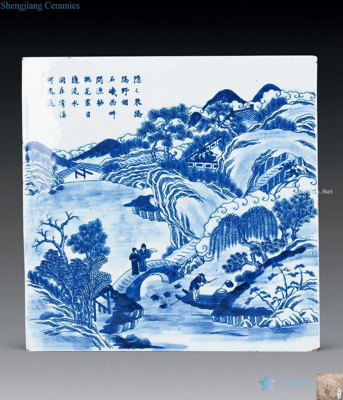 Qing jiaqing Blue and white saucer acknowledged landscape characters