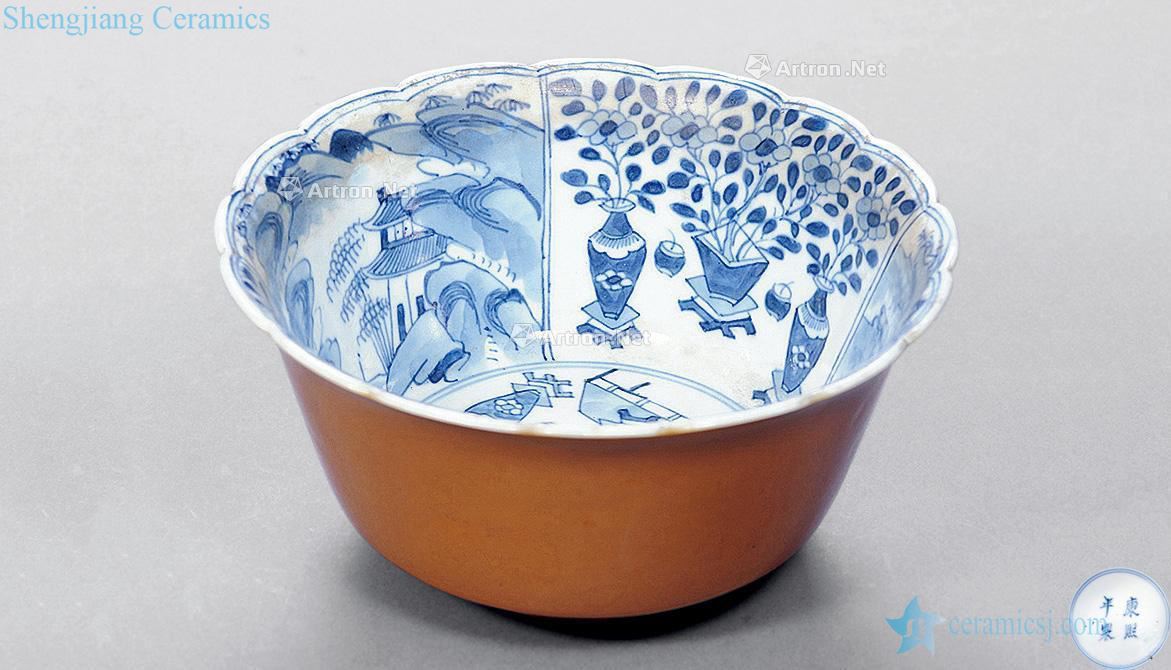 In qing dynasty blue and white sauce glaze kwai mouth bowl
