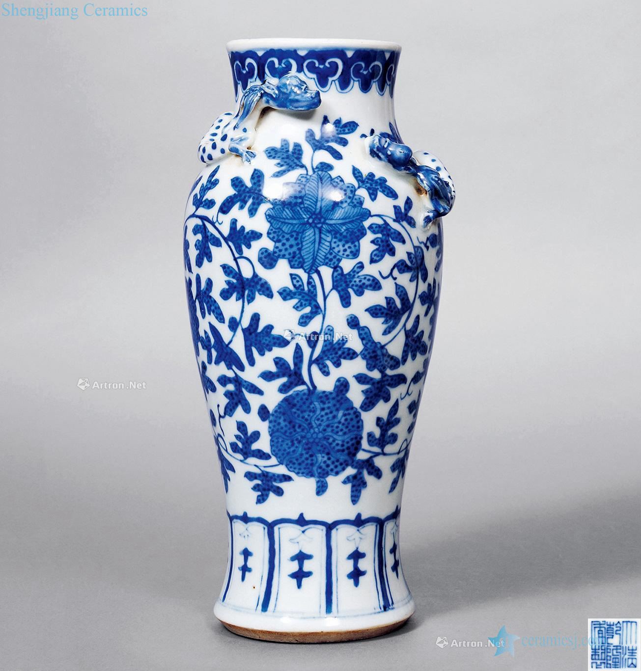 Qing dynasty blue and white lotus grain disc therefore flask