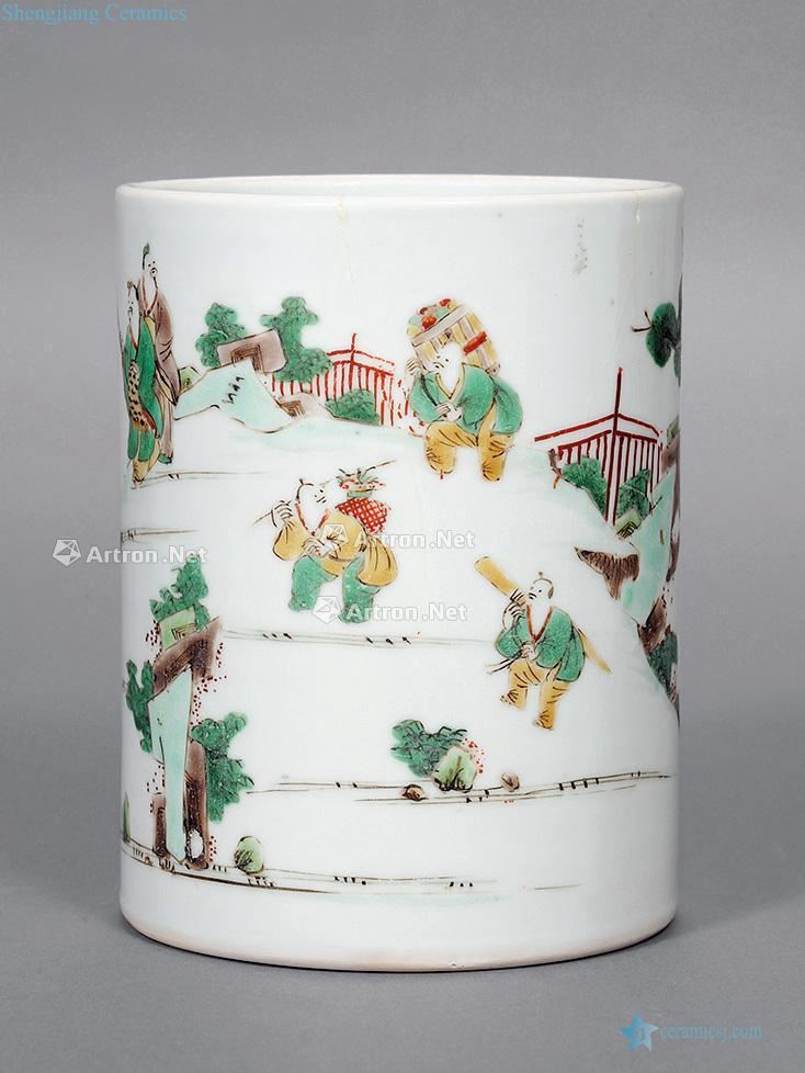 Qing brush pot colorful story characters