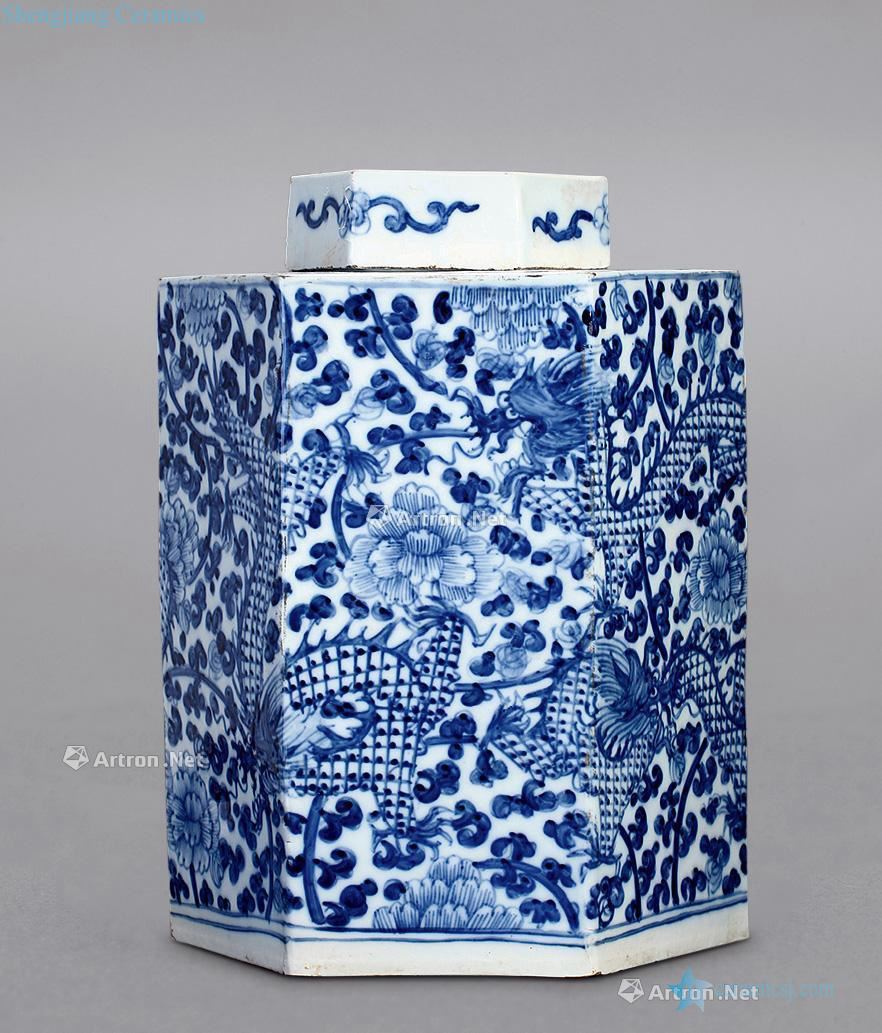 qing Blue and white floral dragon hexagonal POTS
