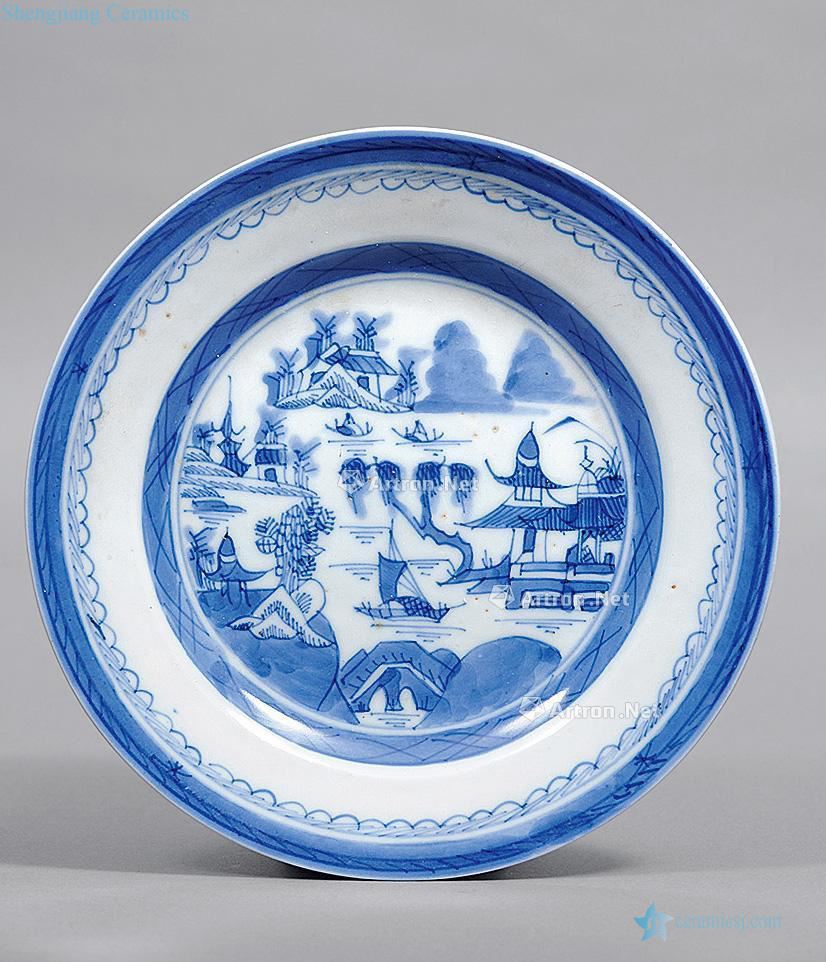 Qing dynasty blue-and-white dish medallion landscape characters