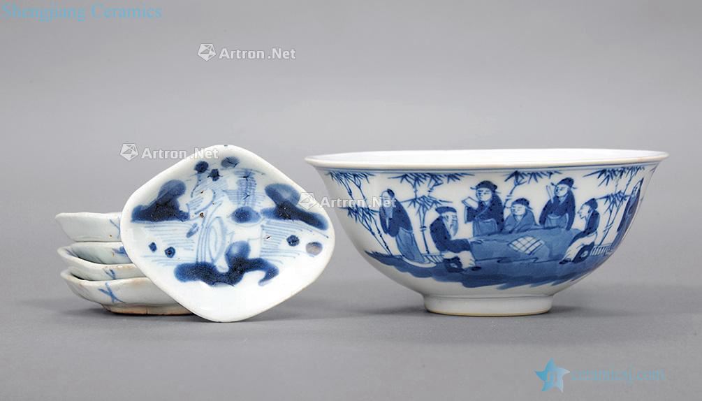 qing Blue and white bamboo seven sages bowl Even the landscape dab (six)
