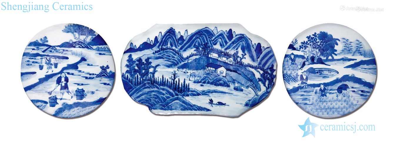 qing Blue and white porcelain plate landscape characters hanging panel (three)