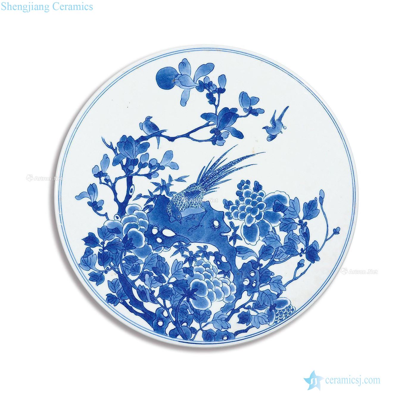 qing Blue peacock peony grains round porcelain plate