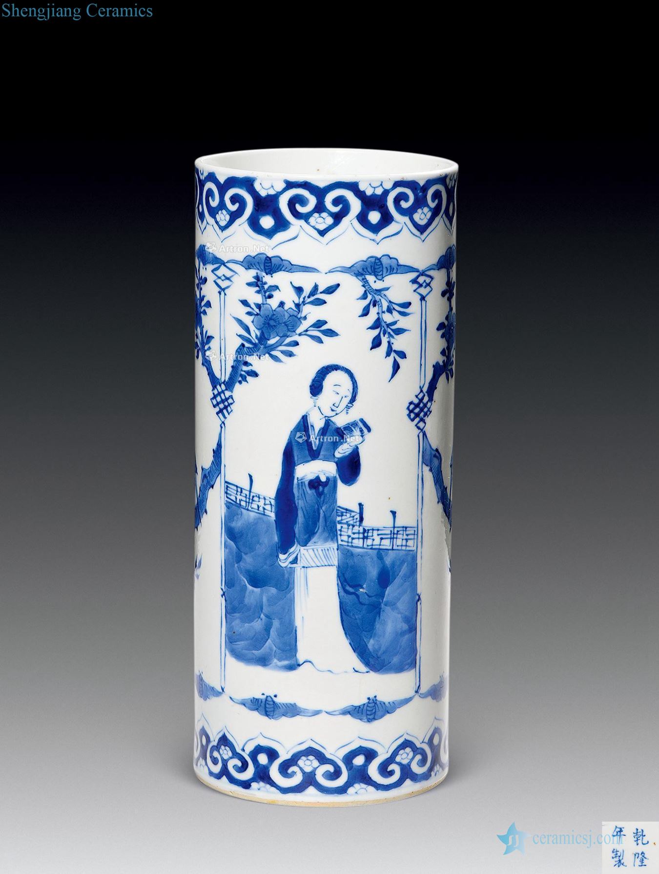 qing Blue and white flower character lines cylinder cap