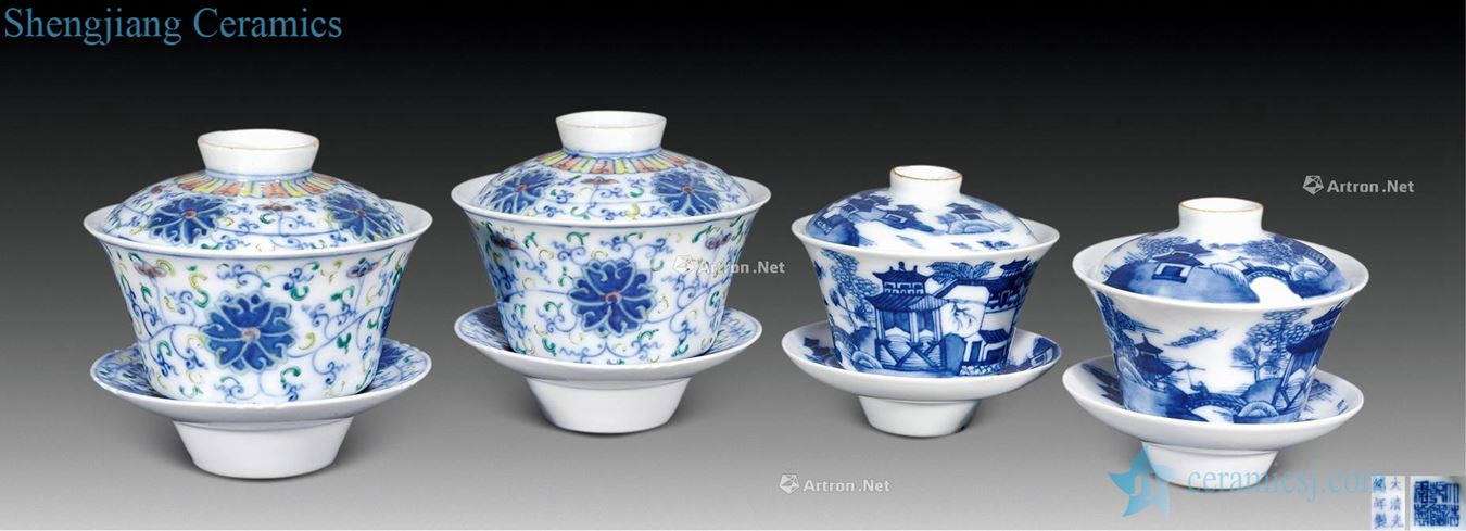 Qing guangxu Blue and white color bucket flower landscape cover cup (two pairs)