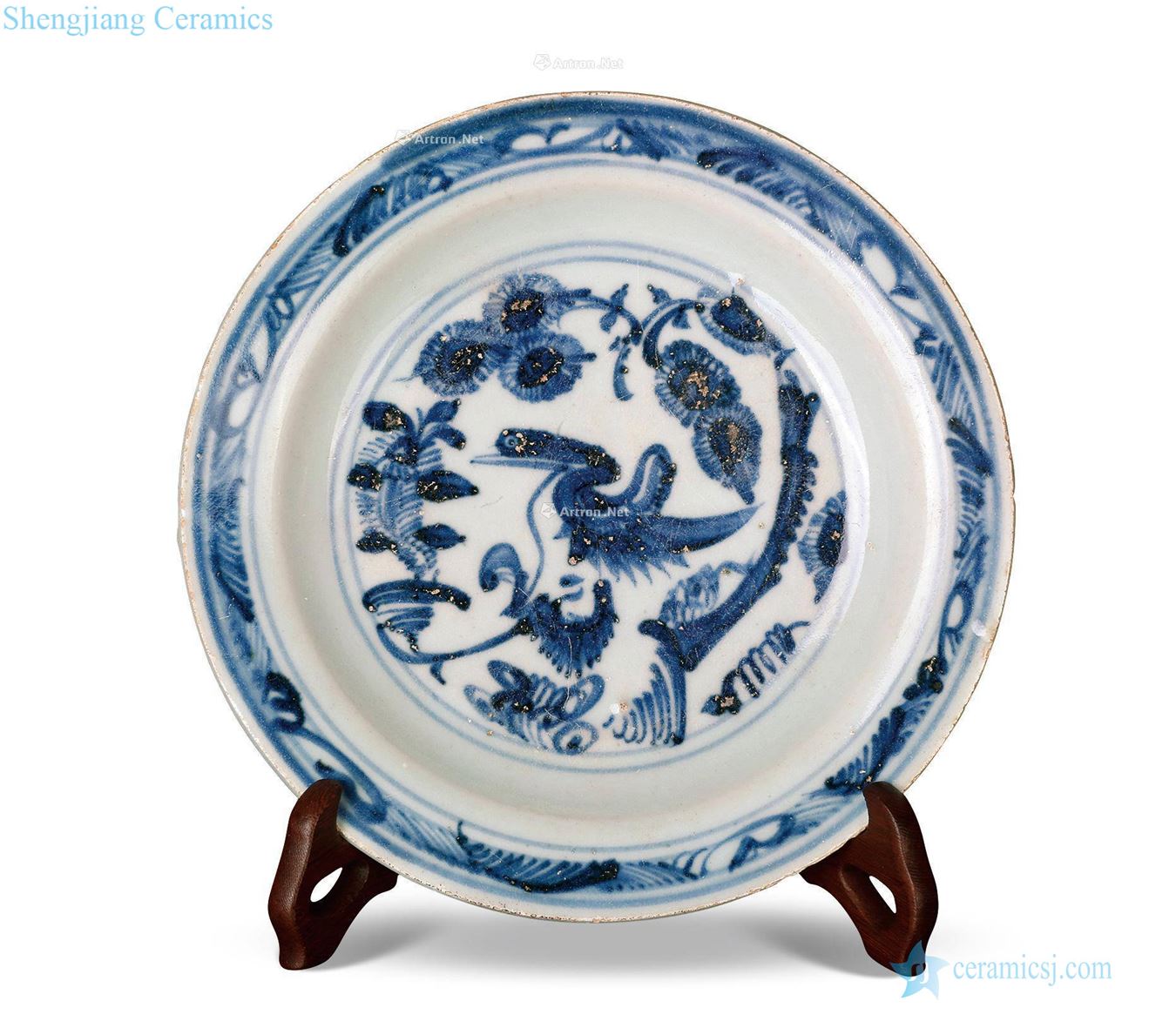 Ming blank period Blue and white pine crane grain fold along the plate