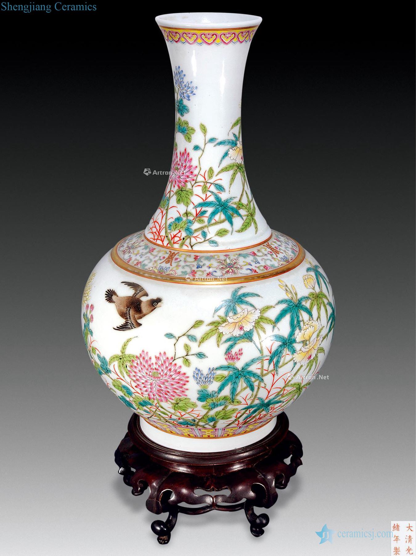 Pastel flowers bird magpie reign of qing emperor guangxu bottle