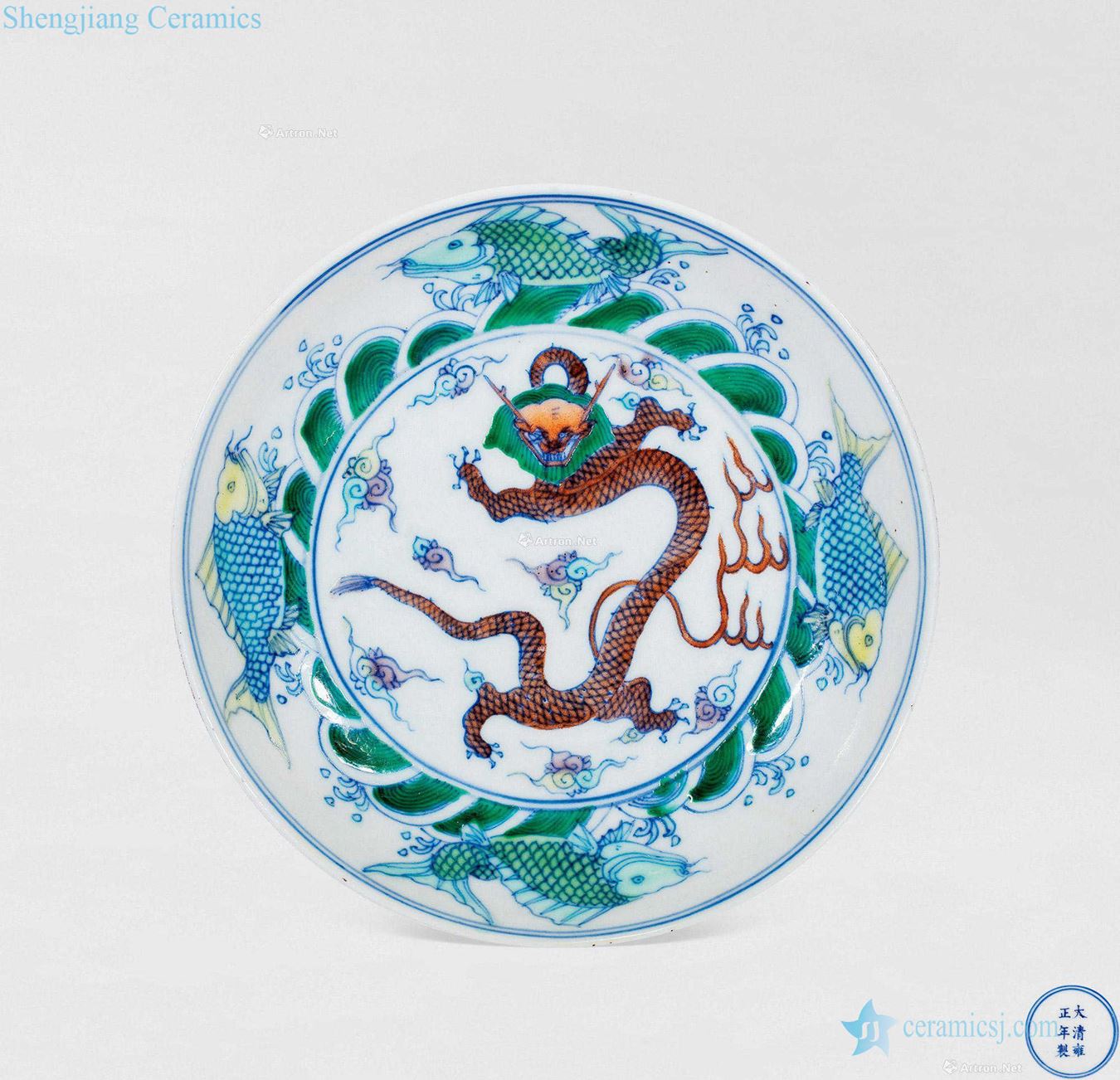 In the late qing bucket color fish dragon pattern plate