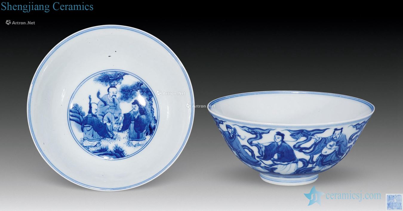 Qing qianlong Blue on the eight immortals characters bowl (a)