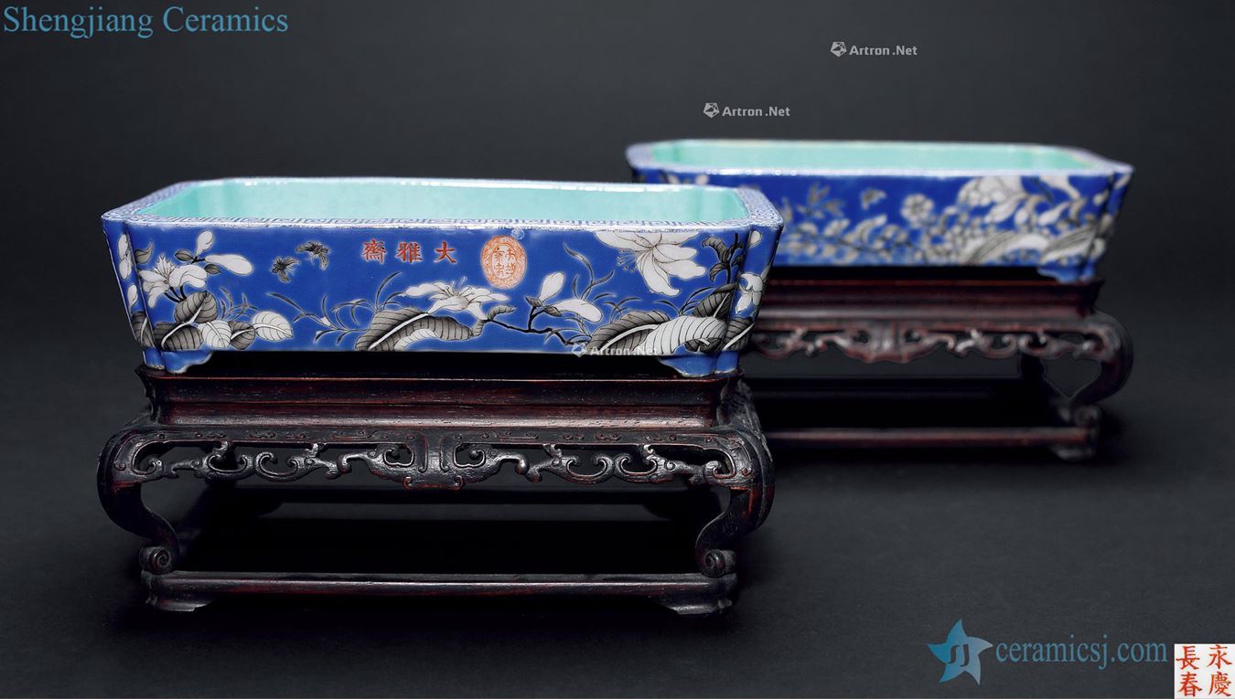 In late qing dynasty Great lent to blue color ink painting of flowers and narcissus basin (a)