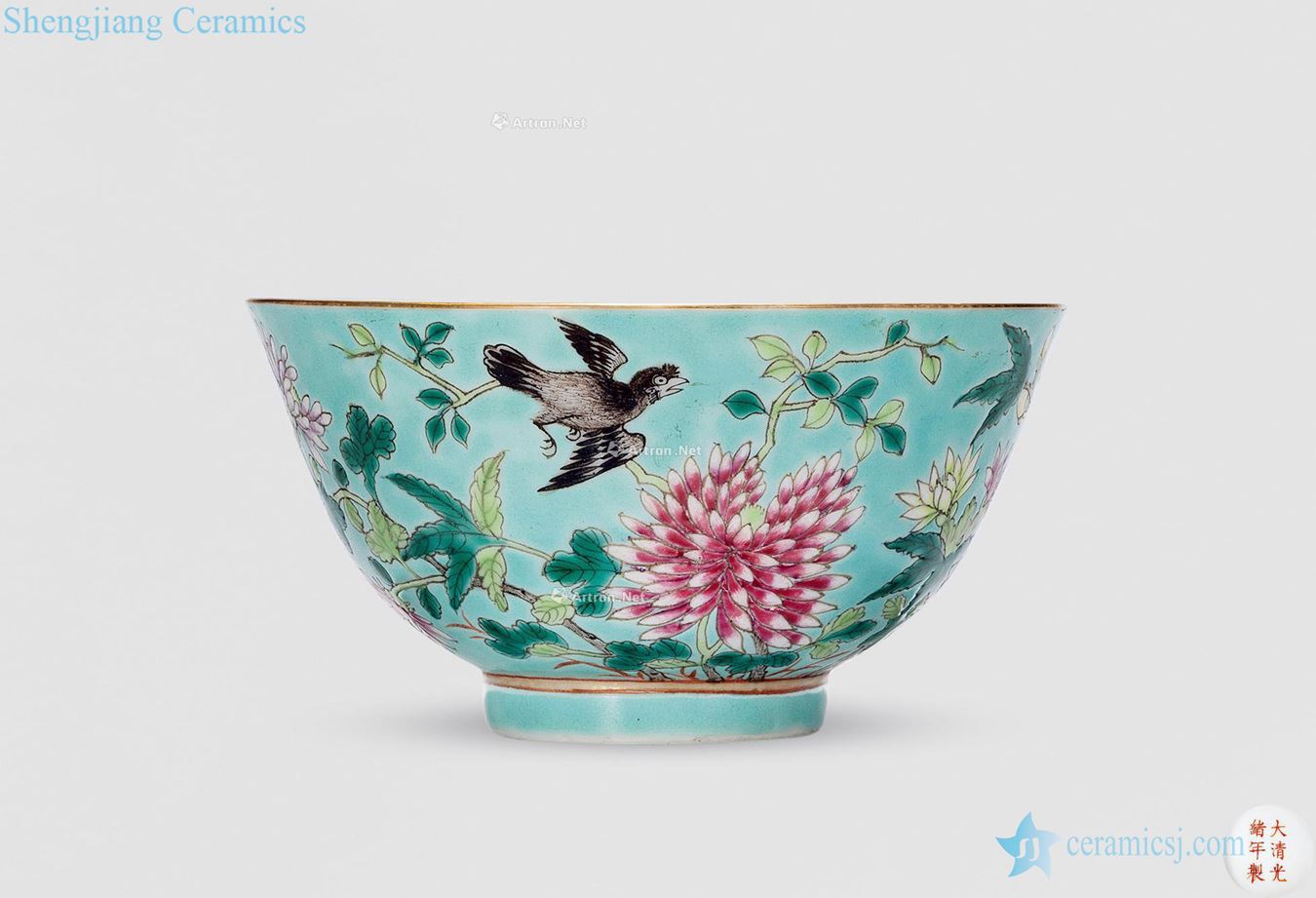 Guangxu pastel pine green flowers and birds green-splashed bowls