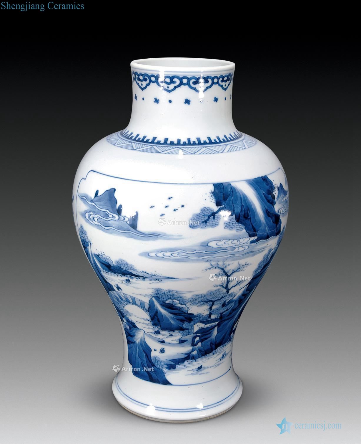 The qing emperor kangxi Blue and white landscape antique cans