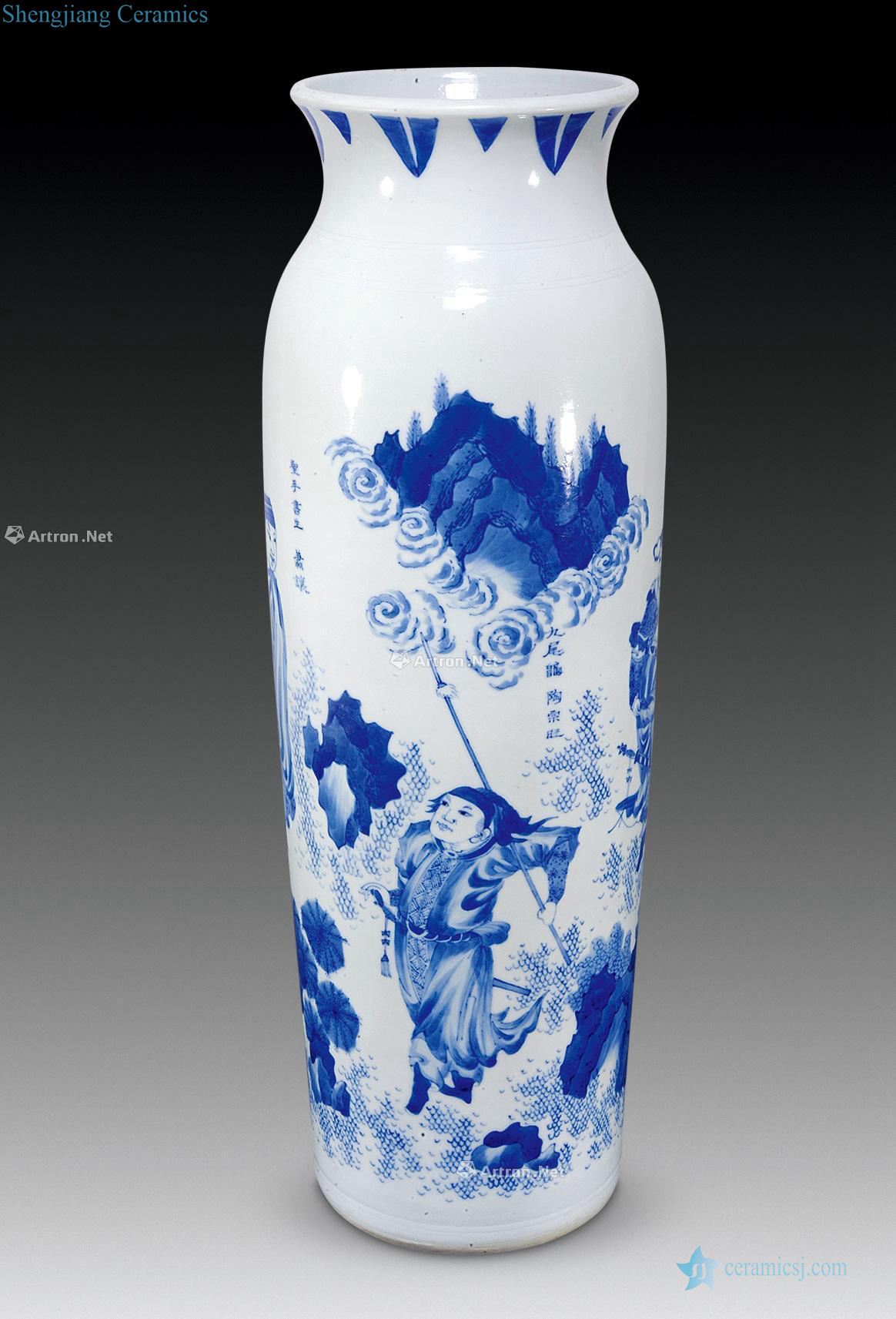 Ming chongzhen Blue and white water margin figures tube bottles
