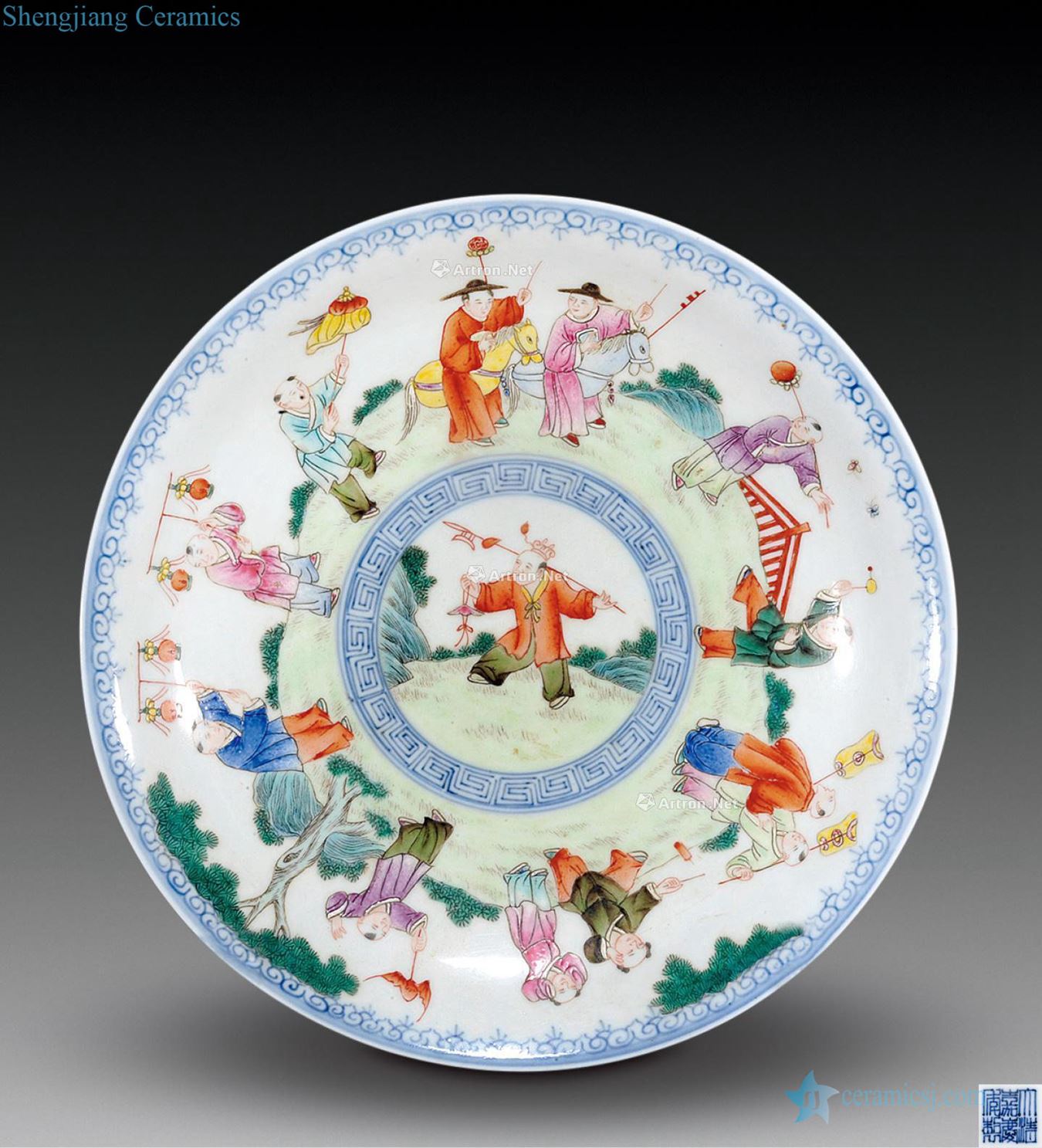 Qing porcelain enamel baby grandkids bounce spring plate