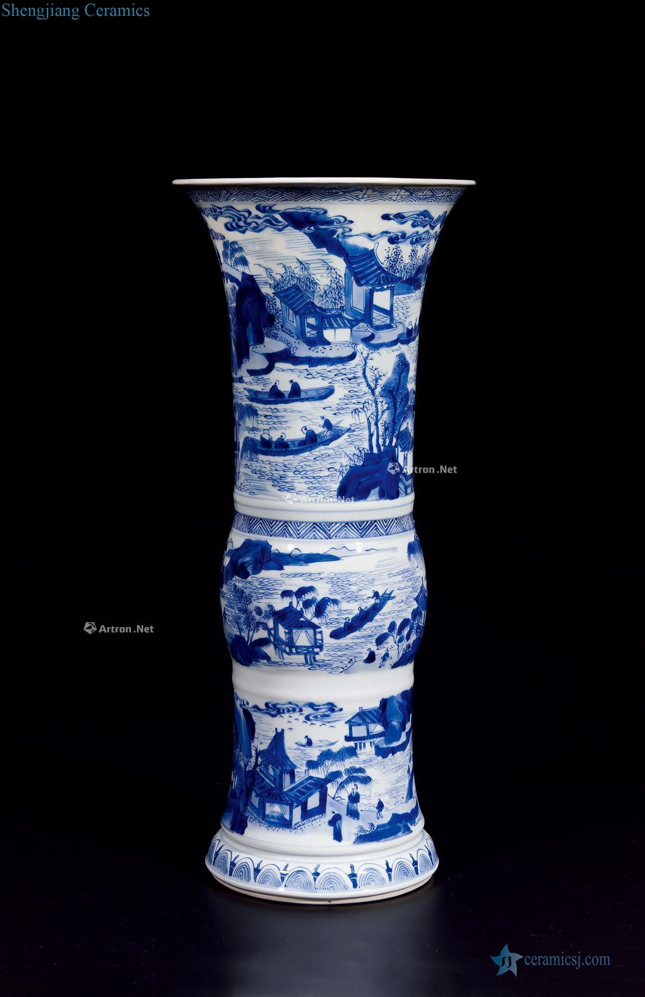 The qing emperor kangxi Blue and white landscape character figure flower vase with pavilions