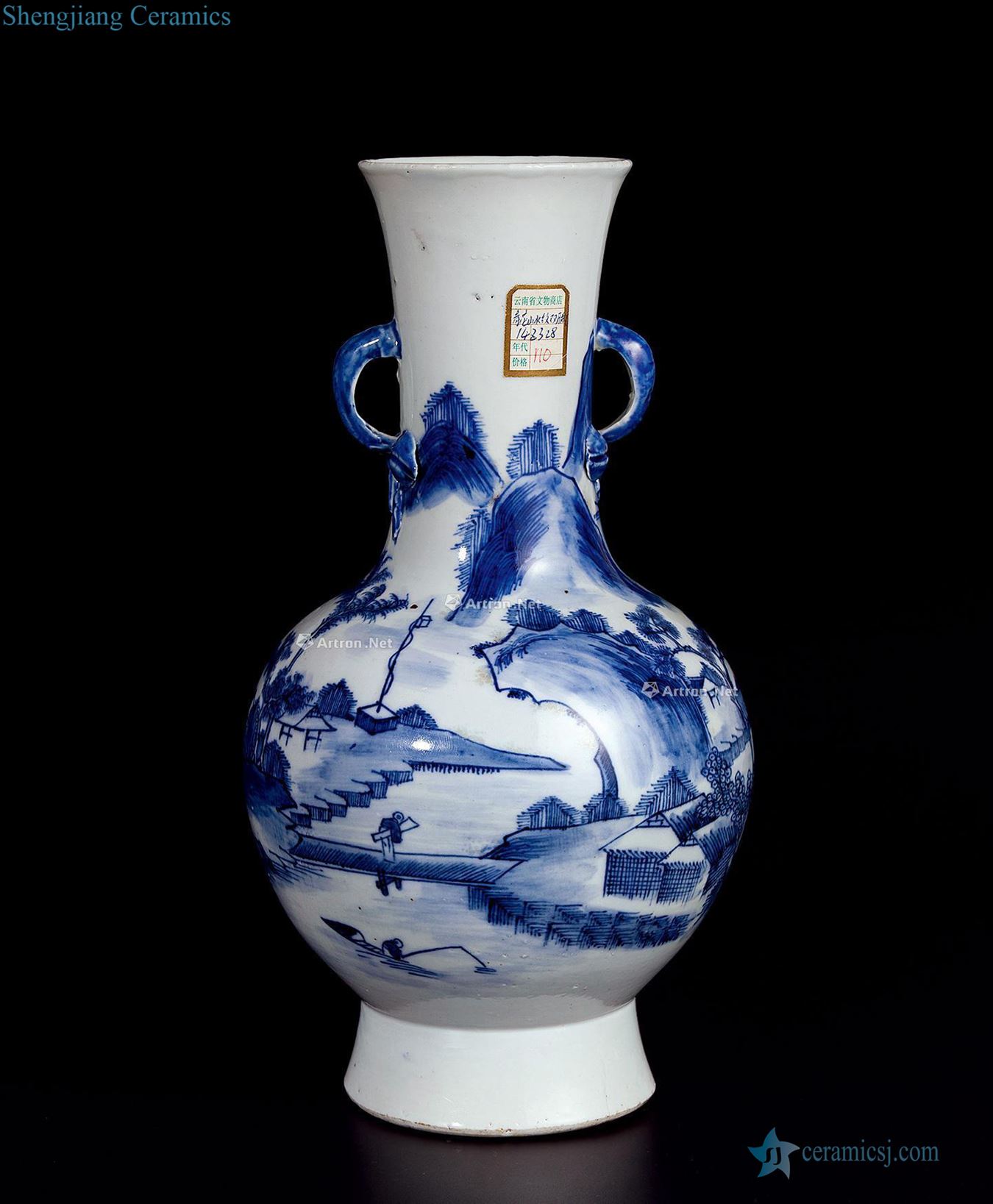 qing Blue and white landscape figure double ears