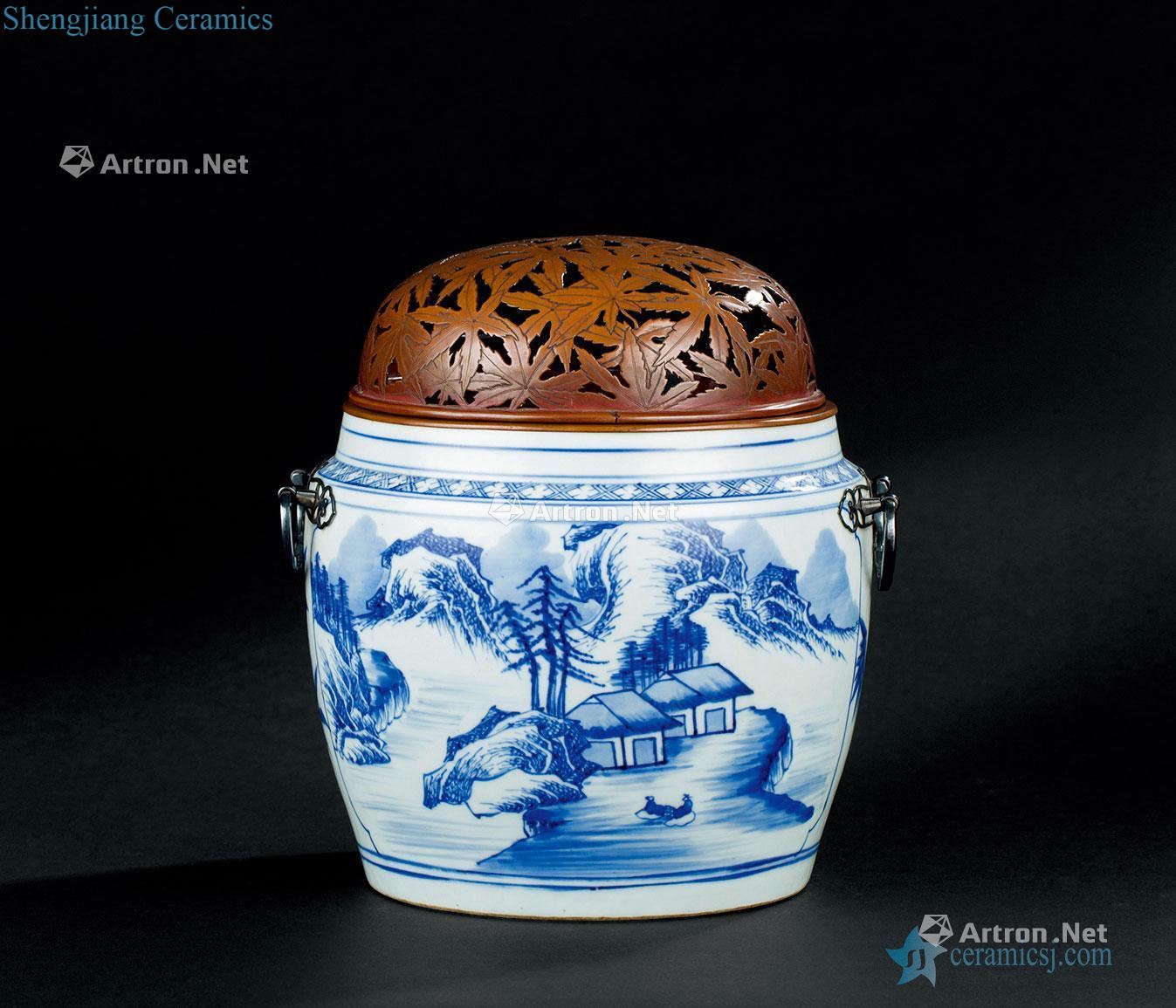 The qing emperor kangxi (1662-1722) blue and white medallion landscape pattern fire pot
