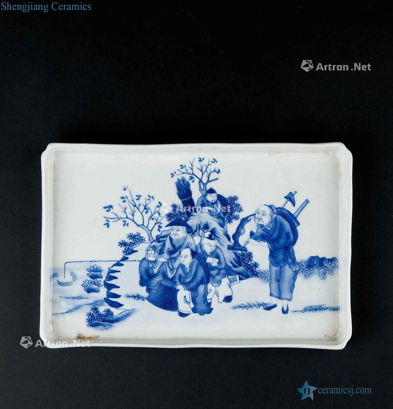 In the qing dynasty (1644-1911) blue and white characters grain Angle rectangular plate