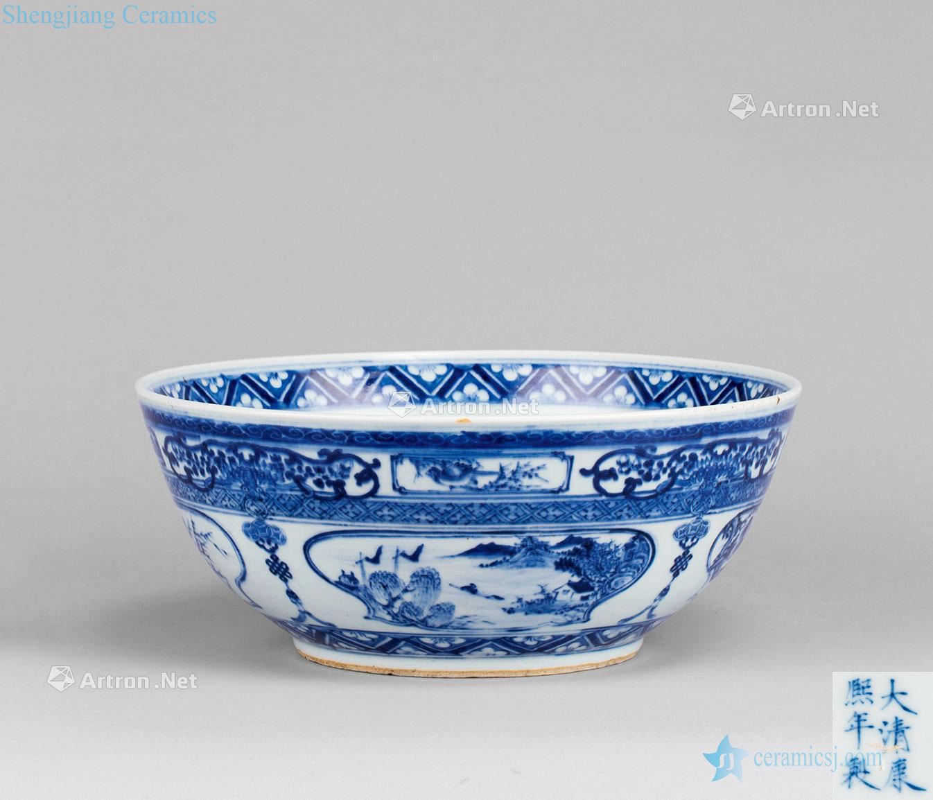 The qing emperor kangxi (1662-1722) blue and white medallion grain big bowl of landscape painting of flowers and characters