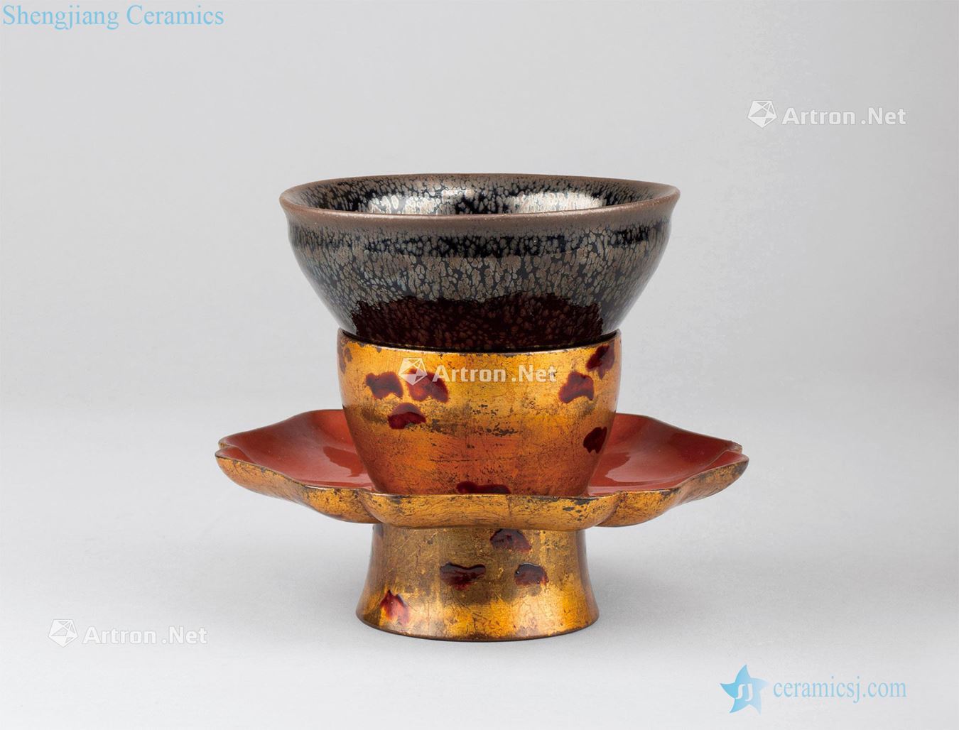 Song dynasty (960-1279), oil droplets temmoku bowl Red paint colour flower mouth Joe lamp that two things (group a)
