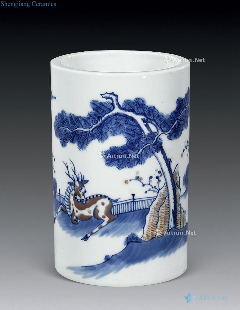In the qing dynasty Blue and white youligong Korean pine deer grain brush pot