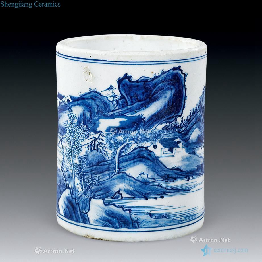 In the qing dynasty Blue and white landscape pattern brush pot