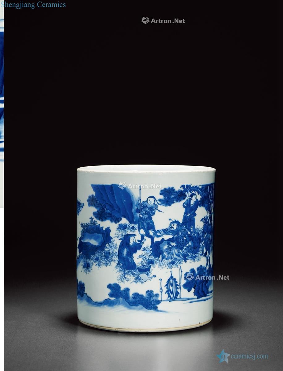 Ming chongzhen Blue and white deer milk kiss figure big brush pot