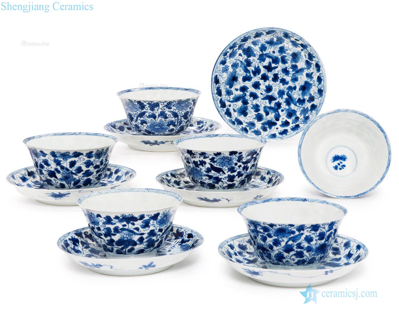 The qing emperor kangxi Blue and white tie up lotus flower grain cup and dish (a group of six)