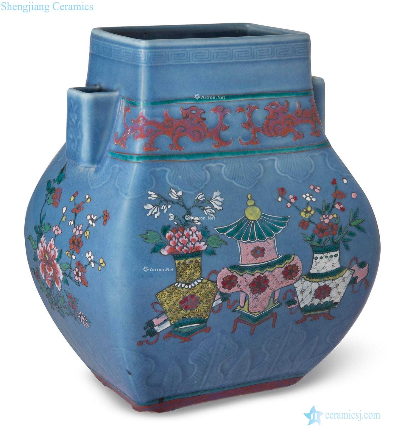 Qing 19th century pastel flowers lines "penghu-glance sky blue