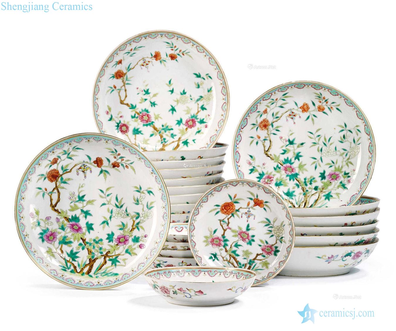 Pastel reign of qing emperor guangxu branch flowers tray and disc (a group of 18 six parts A group of 24)