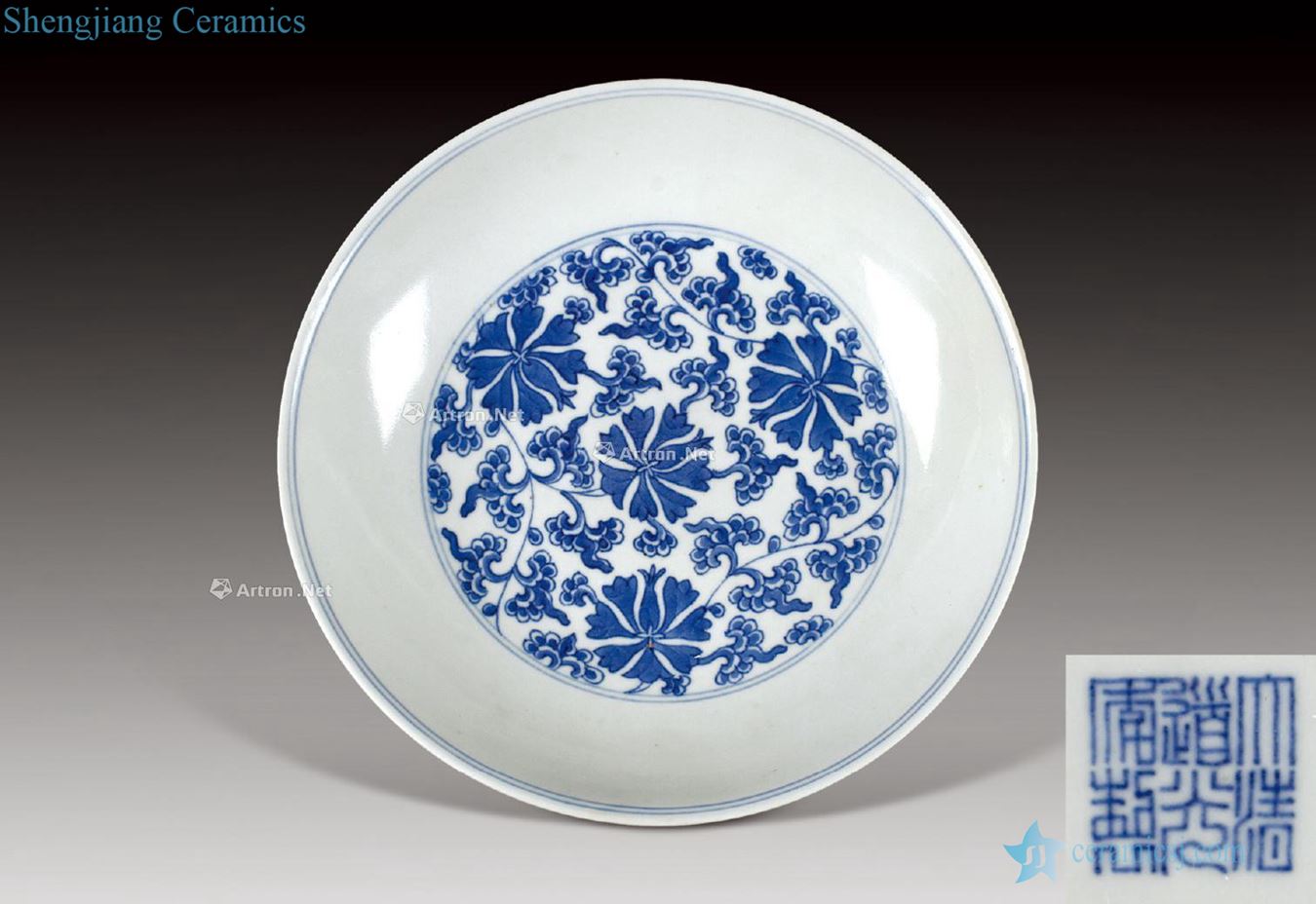 qing Light blue and white tie up branch lotus plate