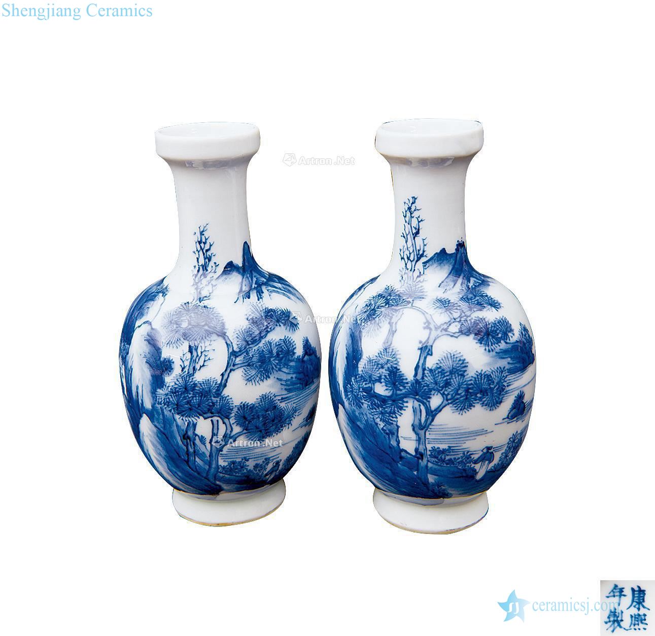 qing Blue and white landscape character lines bottle (a)