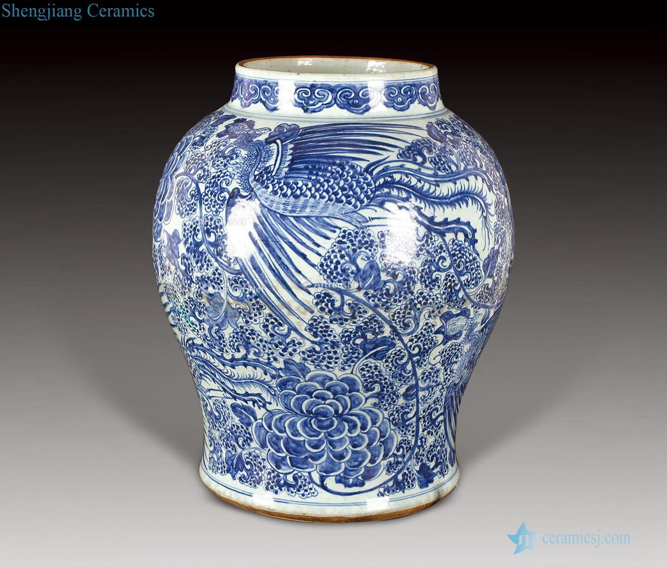 The qing emperor kangxi Wear blue and white big pot peony fung