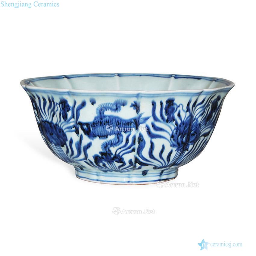 jintong Blue and white fish and algae lines ten big bowl edges