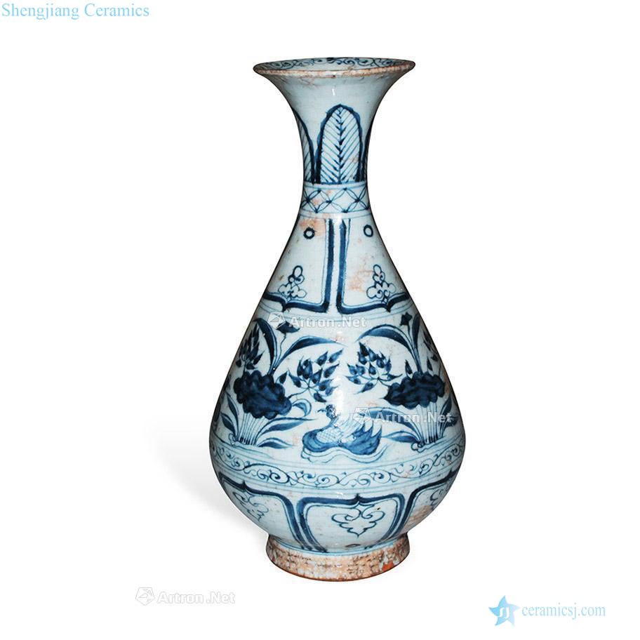 The yuan dynasty Blue and white lotus lotus yuanyang grain okho spring bottle