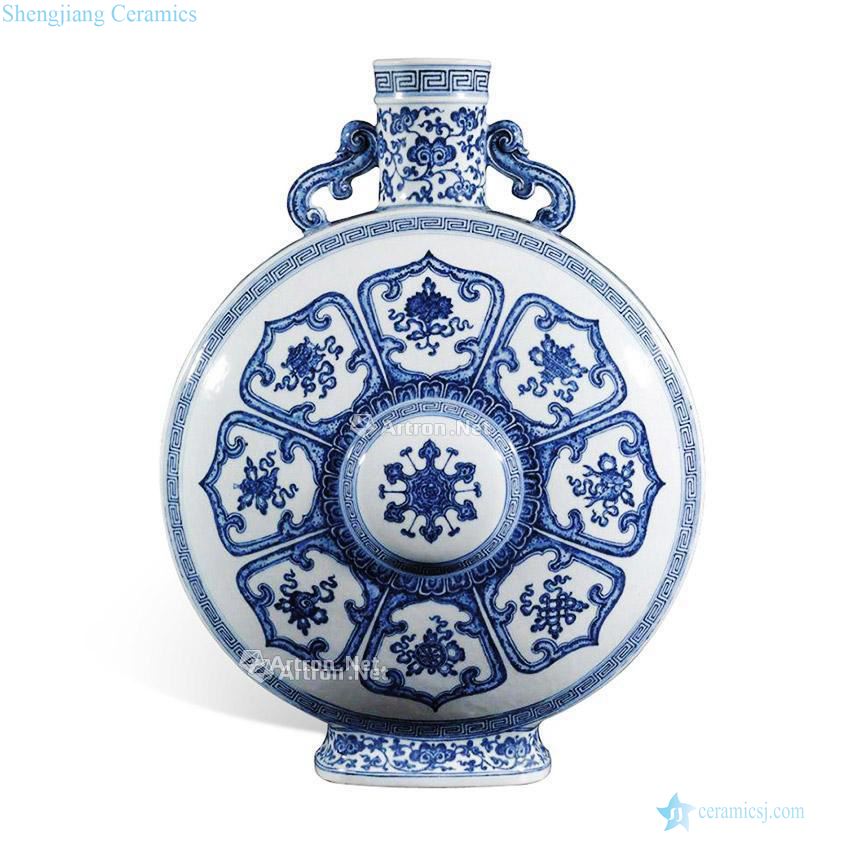 Qing qianlong blue-and-white medallion type "eight auspicious" pair of ganoderma lucidum ear big flat pot