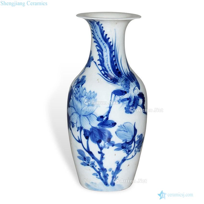 In the qing dynasty Blue and white phoenix peony grains goddess of mercy bottle