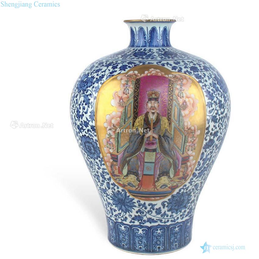 Qianlong year Blue and white figure plum bottle brush Jin Kaiguang enamel characters