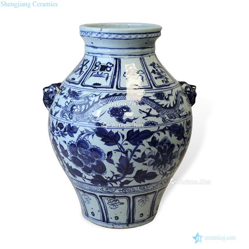 The yuan dynasty Blue and white dragon peony beast ear dish mouth bottle