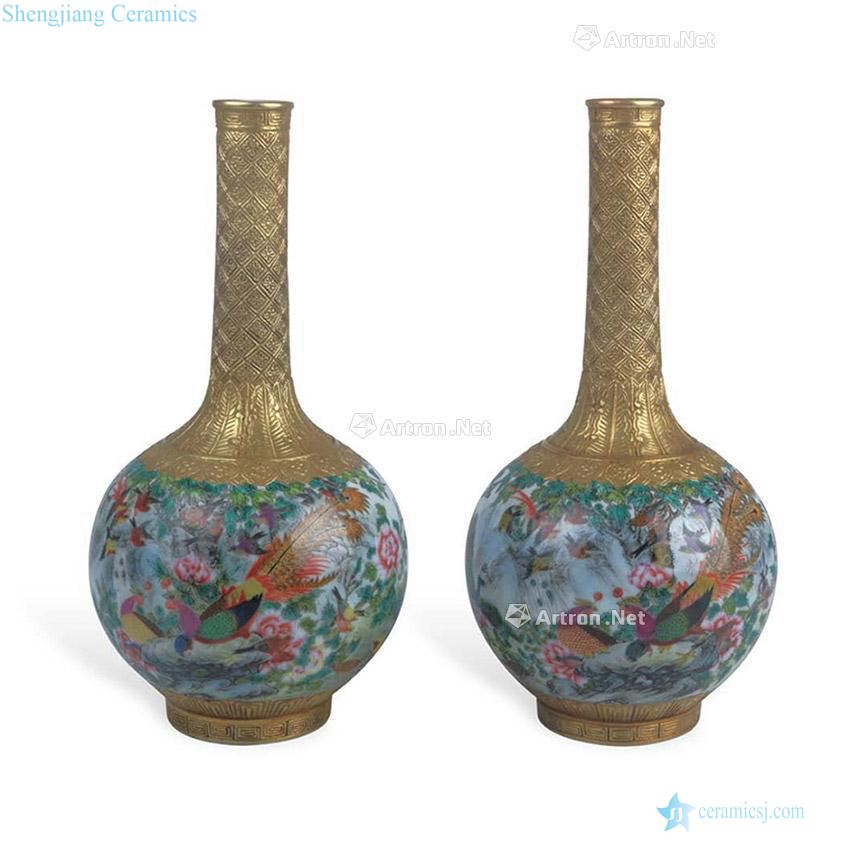 Qing qianlong year Figure the flask powder enamel paint birds pay homage to the king