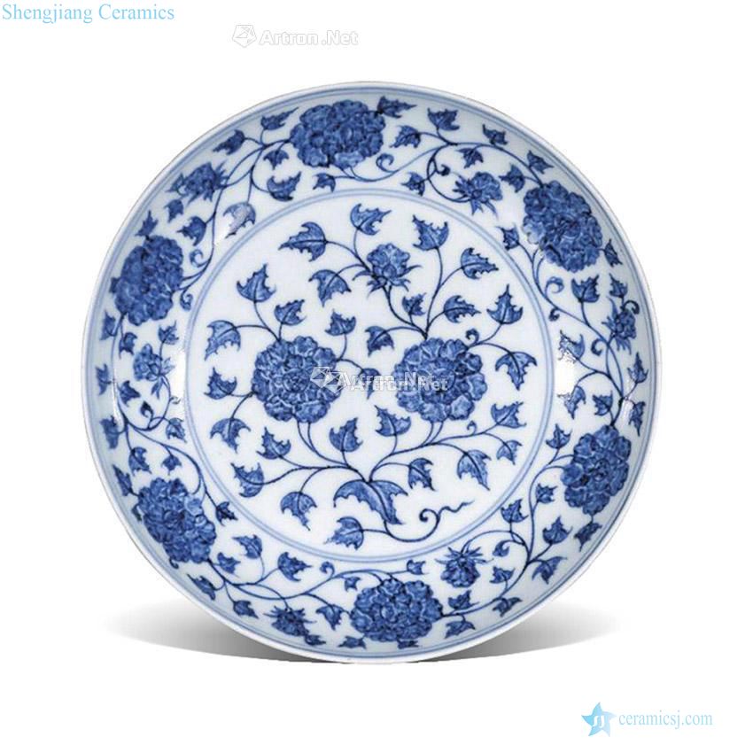Ming xuande Blue and white tie up branch "hibiscus" figure mouth tray