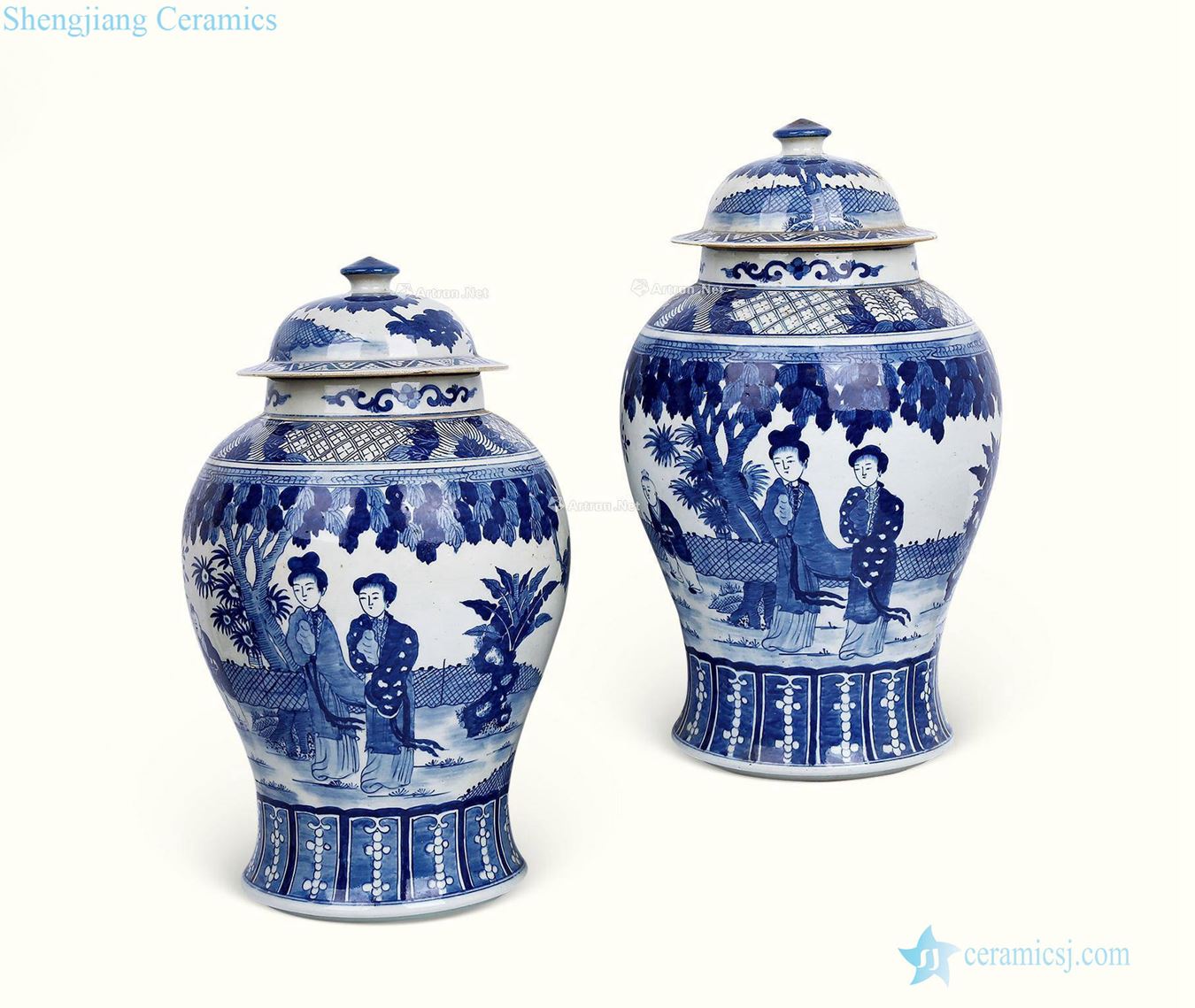 qing Blue and white landscape general character lines cover tank (a)