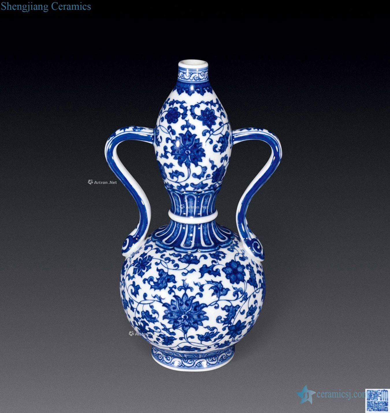 qing Blue and white lotus flower pattern carved gourd bottle neck band
