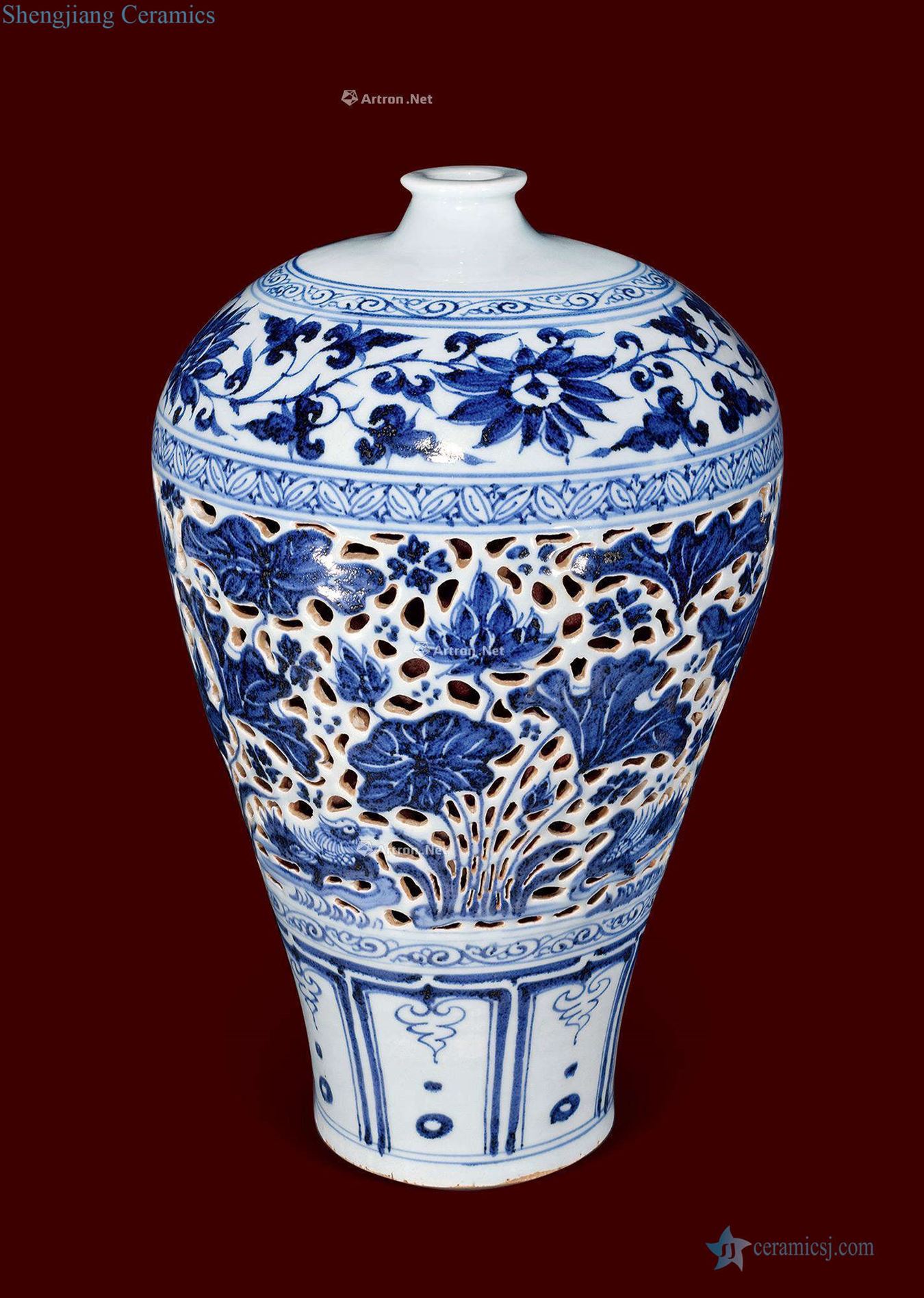 yuan Blue and white hollow out yuanyang lotus pattern plum bottle
