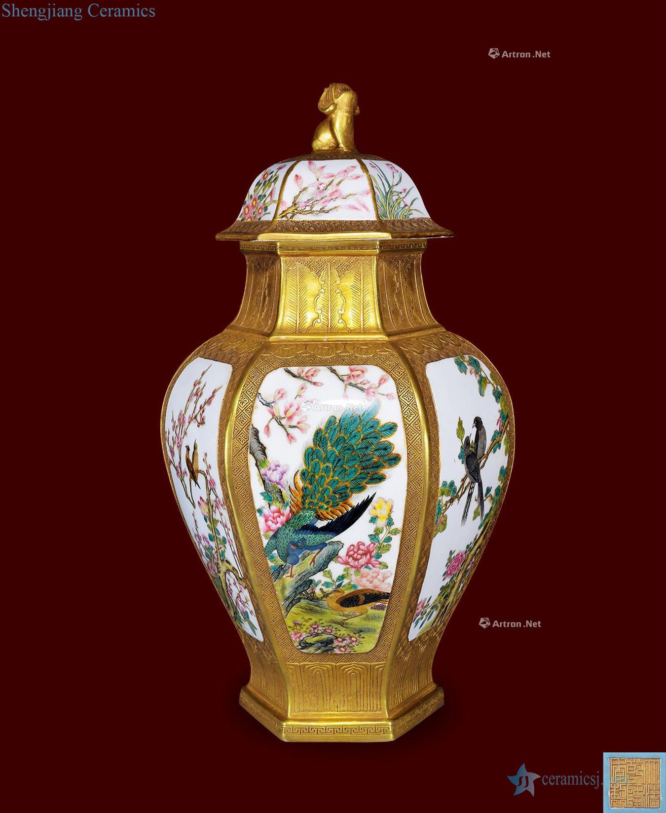 Clear pastel grain gold medallion and flowers and birds the six-party lantern
