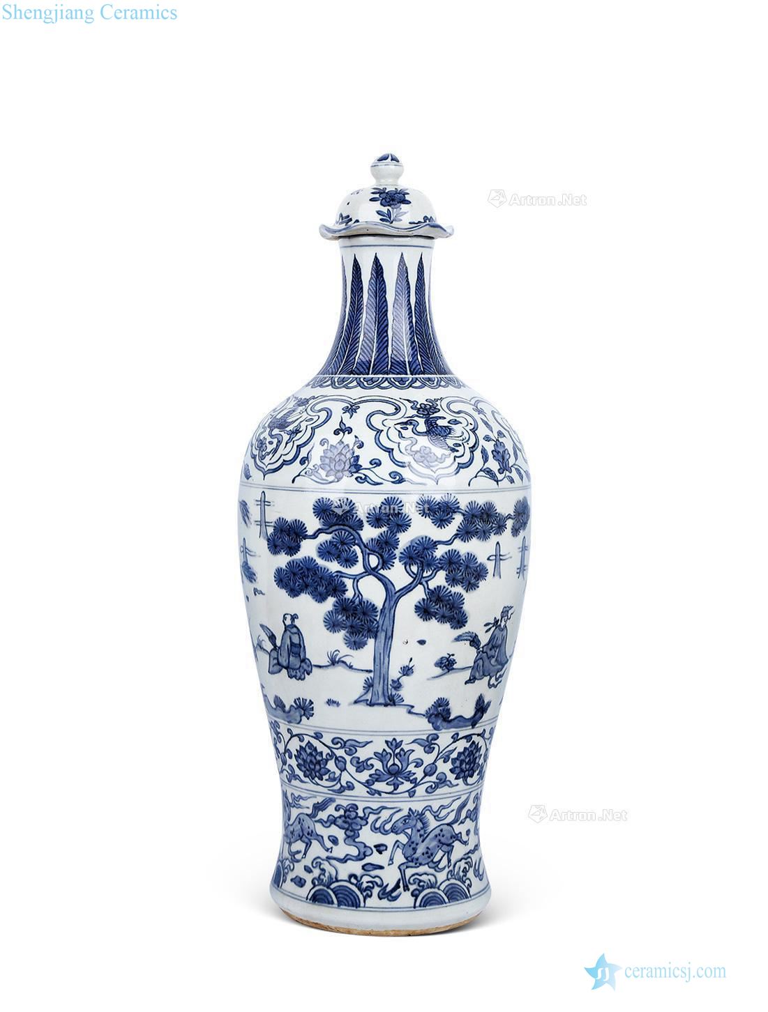 Ming wanli Blue and white shochiku mei with cover bottle