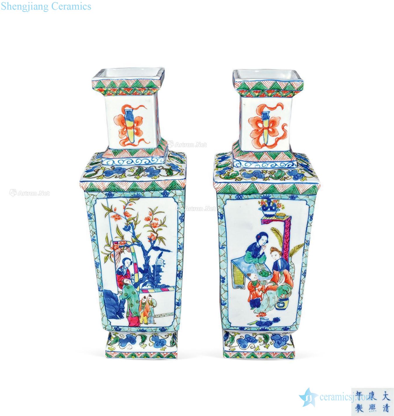 qing Blue and white color characters grain square bottle (a)